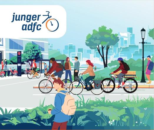 Bunte Zeichnung einer Szene in einer Stadt mit radfahrenden und zu Fuß gehenden Personen