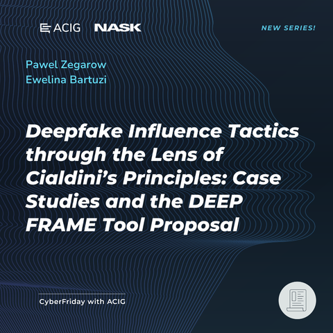 On a dark background: Title of the article “Deepfake Influence Tactics through the Lens of Cialdini’s Principles: Case Studies and the DEEP FRAME Tool Proposal” by Pawel Zegarow and Ewelina Bartuzi. ACIG and NASK logos are visible.
