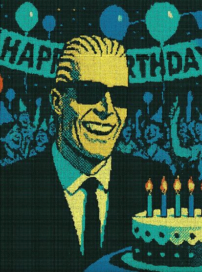 An AI generated image in a cartoon print style of Max Headroom at a birthday party. Max is sat at a table with a birthday cake with four candles on. In the background is a big room full of party guests, balloons and a big Happy Birthday banner.