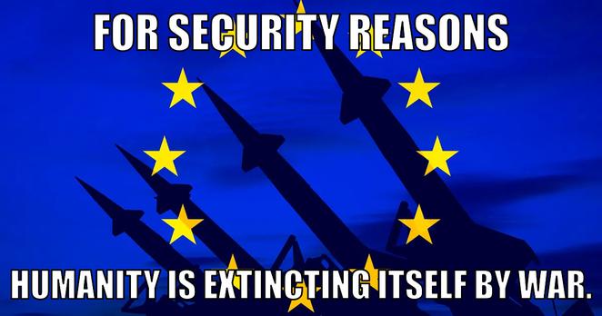 a meme with the flag of Europe that has missels behind.