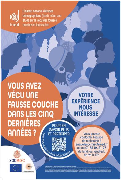 Affiche de participation à l'étude FISO représentant des silhouettes de personnes, et comportant des bulles d'information avec différents textes : L'institut national d'études démographiques mène une étude sur le vécu des fausses couches et leurs suites. Vous avez vécu une fausse couche dans les cinq dernières années ? Votre témoignage nous intéresse. Vous pouvez contacter l'équipe de recherche à enquetesocmisc@ined.fr ou au 01 56 06 21 27.