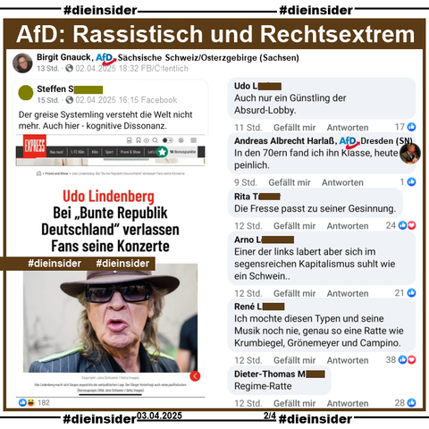 Geteilt wird ein Bild mit Udo Lindenberg und "Udo Lindenberg: Bei „Bunte Republik Deutschland“ verlassen Fans seine Konzerte" des EXPRESS und "Der greise Systemling versteht die Welt nicht mehr. Auch hier - kognitive Dissonanz." des gesteilten Beitrags.

Auf Slide 2 zeigen wir den Post von Birgit Gnauck, AfD Sachsen KV Sächsische Schweiz - Osterzgebirge mit u.a. diesen Kommentaren:
"Auch nur ein Günstling der Absurd-Lobby.", "In den 70ern fand ich ihn Klasse, heute peinlich." von Andreas Albrecht Harlaß AfD Dresden, "Die Fresse passt zu seiner Gesinnung.", "Einer der links labert aber sich im segensreichen Kapitalismus suhlt wie ein Schwein..", "Ich mochte diesen Typen und seine Musik noch nie, genau so eine Ratte wie Krumbiegel, Grönemeyer und Campino." und "Regime-Ratte."