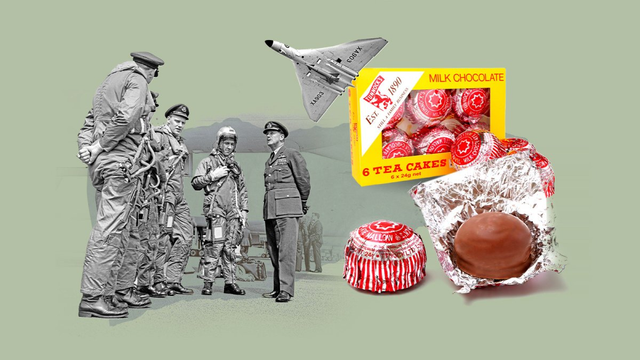 Montage. RAF pilots, a V-Bomber and a pack of Tea Cakes