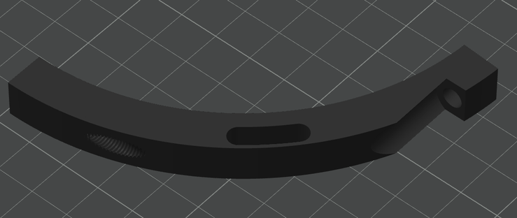 Pièce en 3D qui fait un quart de cercle. Il y a à un bout un trou taraudé, à l'autre un trou libre, et au milieu une fente pour fixer les ventilos