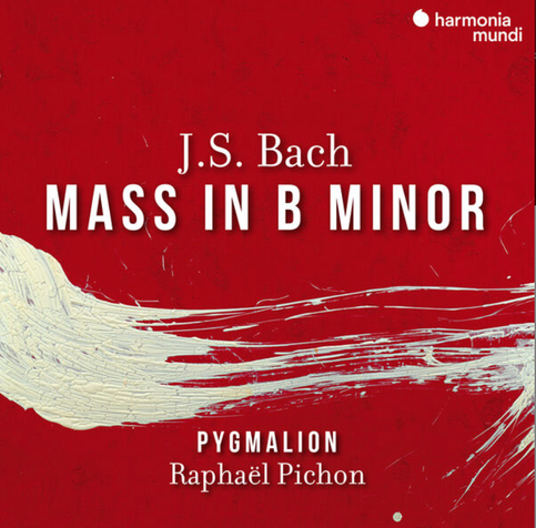 Pochette de disque Harmonia mundi : JS Bach, Mass in B minor ; Pygmalion, Raphaël Pichon
L'illustration de la pochette est un fond rouge un peu foncé, balayé par un trait de peinture blanche de gauche à droite
