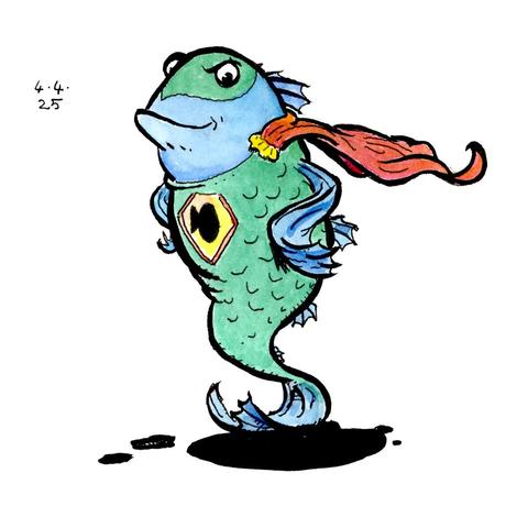 Drawing of a fish wearing a superhero dress with a red cape and green mask and bodysuit.  On the chest it has a yellow pentagonal emblem with a black fish shape on it. The head and fins of the hero-fish are blue, and it looks at us with a bold, heroic expression.