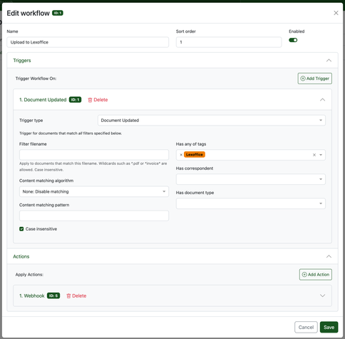 Paperless ngx Workflow, um einen n8n Workflow auszulösen.