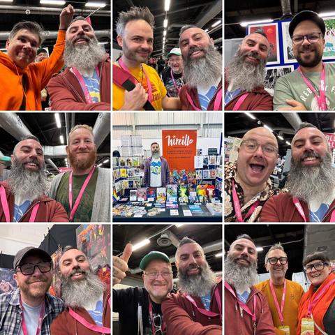 A collage of nine photos featuring a man with a large grey beard taking selfies with various individuals at the Thought Bubble convention in Yorkshire.