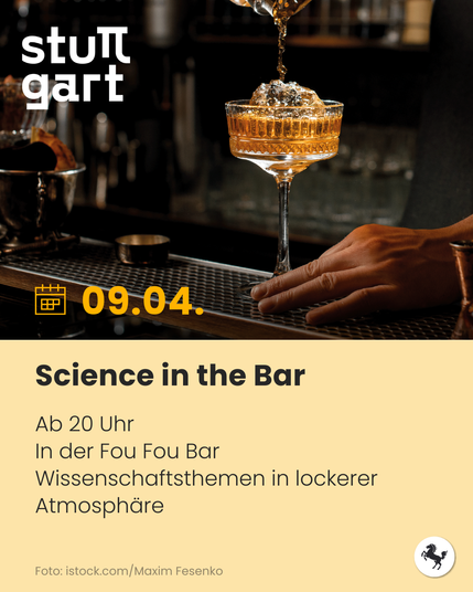 Ein Barkeeper bereitet einen Cocktail zu. Text im Bild: 9. April. Science in the Bar. Ab 20 Uhr, in der Fou Fou Bar. Wissenschaftsthemen in lockerer Atmosphäre.
