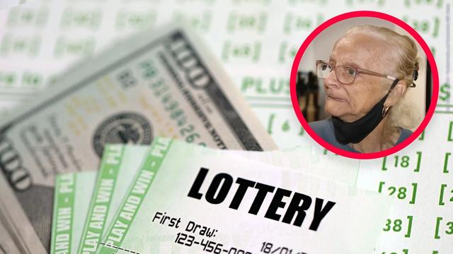 Fotocollage mit Screenshot: Ältere Frau mit US-Lottoschein und Dollar-Noten (Foto: IMAGO, IMAGO / Panthermedia und Screenshot ABC News)