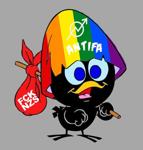 Old-style drawing of Calimero wearing a rainbow egg shell with a squatters' sign and ANTIFA written on it, carrying a haversack with FCK NZS written on it