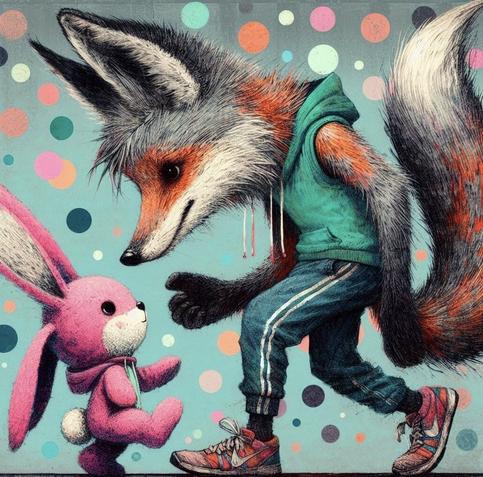 KI-Bild (DALL•E3):

Rosa Hasi trifft Fritzefuchs, der sich zu Hasi herunterbeugt und ihm die Pfote reicht.
