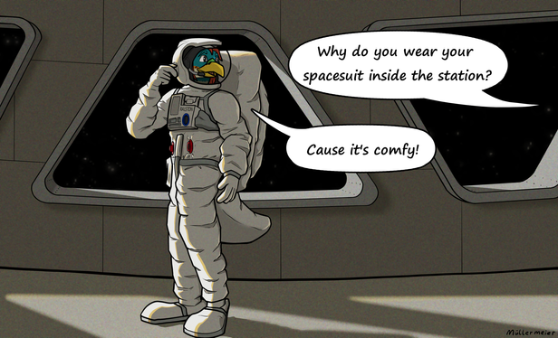 Digital drawing of a colourful harpy eagle wearing a spacesuit inside a space station with spingravity.