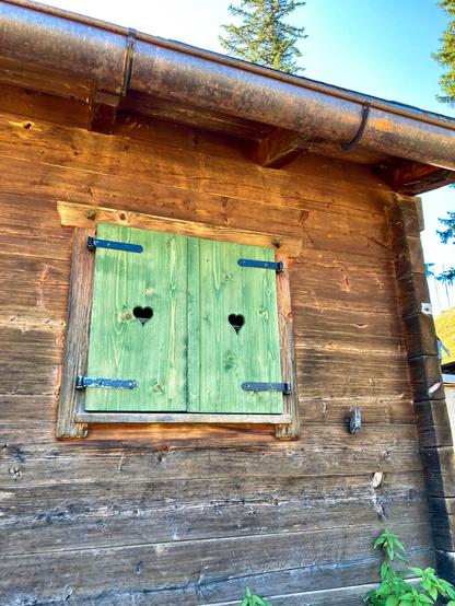 Geschlossene Fensterläden an einer Almhütte. Das Holz ist grün gestrichen, in der Mitte jeder Seite ist ein kleines Herz. 
Die Hütte aus dunklem Holz ist angeschnitten im Bild, man sieht noch etwas Himmel und 2 Tannen im Anschnitt.
