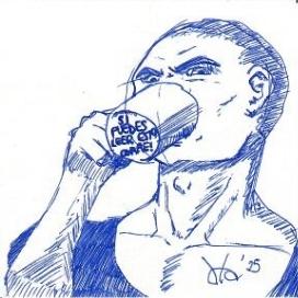 Dibujo a bolígrafo, sin boceto previo, de un tipo con cara de pocos amigos terminando de beber en una taza, en cuya parte inferior se puede leer el texto "si puedes leer esto, corre!".