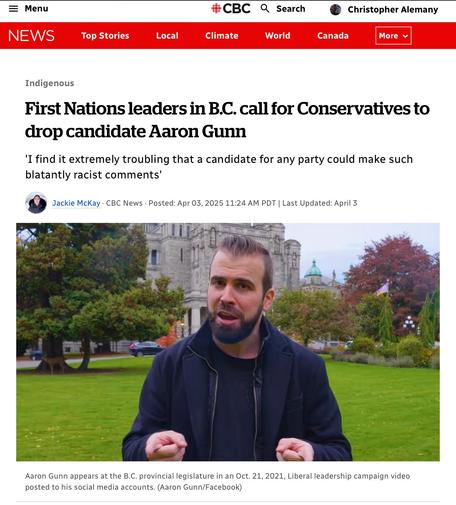 A screenshot of the CBC article which shows Gunn in front of of the B.C. Legislature.