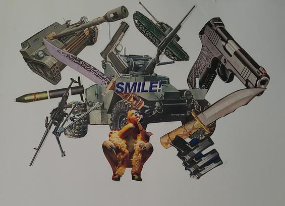paper collage - white background behind a cloud of weapons and tanks behind a squatting woman under yellow light, wearing jeans and a feather boa, with one arm resting on a leg, and a hand under her chin, looking up above her, where the exclamation sits over the cloud of weapons: "SMILE!"