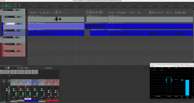 A screenshot from the digital audio workstation, Reaper.  It shows 3 audio tracks for the speakers and two audio tracks for the intro and outro music.