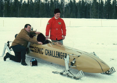 The rocket powered snowmobile, converted from a rockery dragster and powered by hydrogen peroxide. At least I assume the bleaching agent why everybody's hair turned white. Wonder how it did on cleaning their pants afterwards?