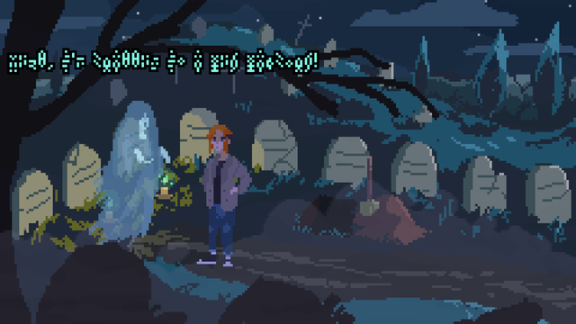 Screenshot from "The founders of [redacted]".  Ines, a 19-year-old girl with orange hair, is standing in a cemetery, in front of the ghost of a witch. The ghost is saying something in an unknown language.