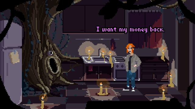 A screenshot from "The founders of [redacted]". The protagonist, a 19-year-old girl, is standing in a dark kitchen lit by candles. She is saying "I want my money back."