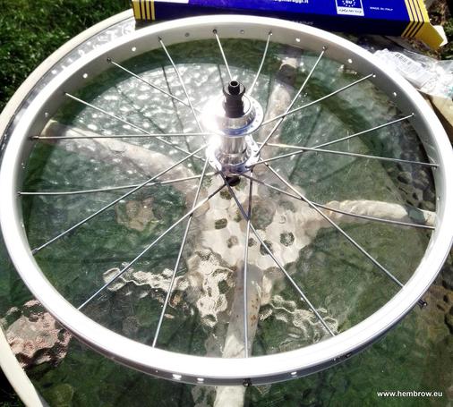 The new wheel, partly built, on a garden table