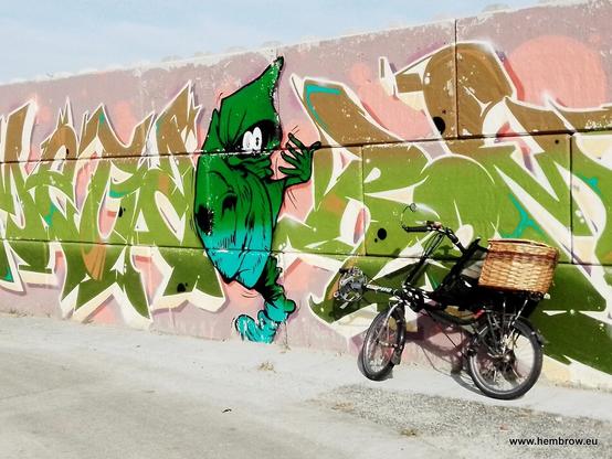 A photo from a few weeks back, when the old freewheel was behaving itself. My bike is leaning against a graffiti wall.