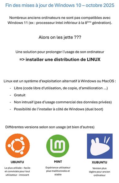 Fin des mises à jour de Windows 10 – octobre 2025
Nombreux anciens ordinateurs ne sont pas compatibles avec 
Windows 11 (ex : processeur Intel inférieur à la 8ème génération).
Alors on les jette ???