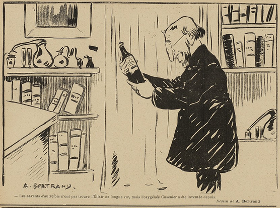 This image shows a sketch, black on yellowish paper. In the centre of the image stands a bearded man, in a black gown and glasses. Behind him are shelves with books and, apparently, alchemical instruments.

Below this image, it says, in French: "The wise men of the past did not find the Elixir of Long Life, but Oxygénée Cusenier has since been invented."

This sketch was published in "Le Sourire", on the 29.10.1904, p. 12.