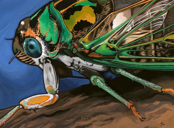 Stylized painting of an annual cicada seen from the side up close. It has lots of detailed texture, and very bright green and orange and blue swirling colors.