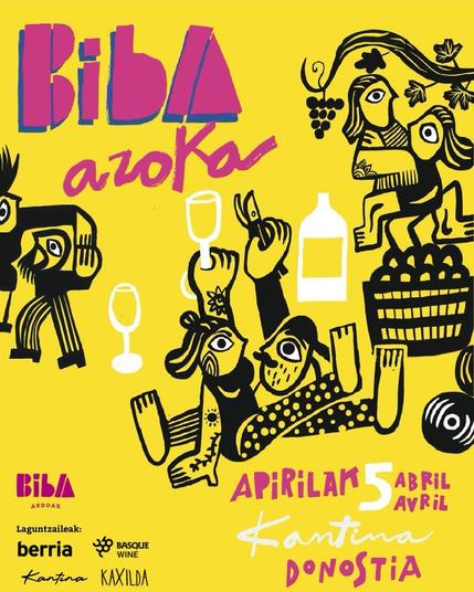 Biba Azoka kartela, Mattinen pertsonaiak ardoaz gozatzen, fondo horian.