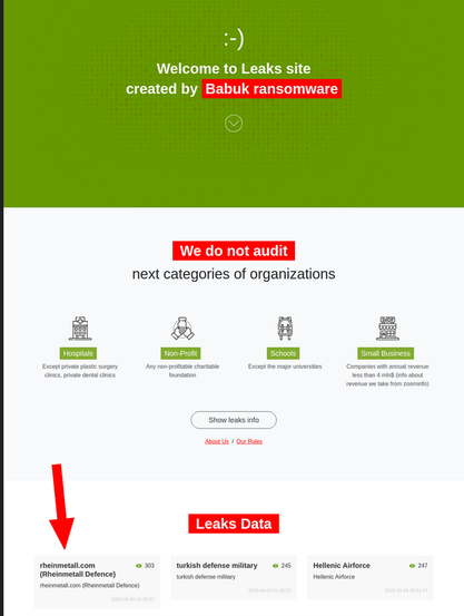 Screenshot von der Darknet Website der Babuk Ransomware Gruppe, auf der unter der Überschrift "Leaks Data" der Eintrag "rheinmetall.com (Rheinmetall Defence)" mit Datum vom 04.04.2025 zu sehen ist.