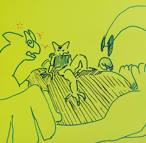 pokemon: blue on yellow pen sketch of a Kadabra sitting on a Lugia's big soft belly, looking them in the eye with a hynotic glare.
The kadabra has a tailmaw that peeks out from behind Lugia, and the Lugia has swirls for eyes and pink particle effects around their head.