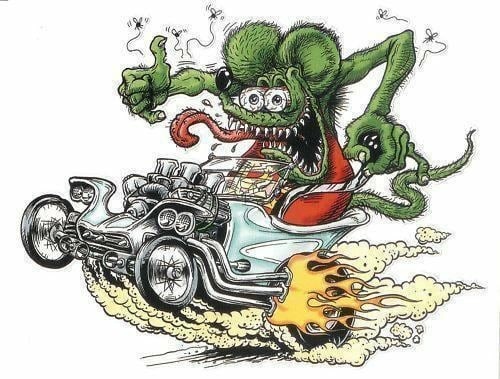 Rat Fink, a giant green rat, with crazed, bloodshot eyes and a long, flailing tongue, flies buzzing around his body, with one hand on an oversized stick shift, as he drives a tricked out, undersized hot rod, with flames shoot out the tail pipes.