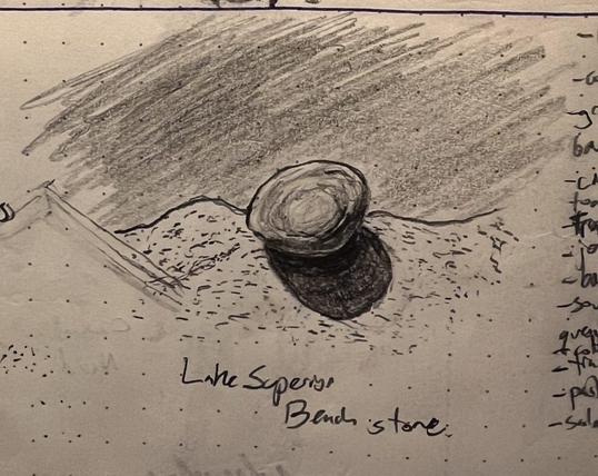 A pencil sketch of a stone on a sandy outcrop over water. The stone is brightly lit, and its shadow is sharp and deep.