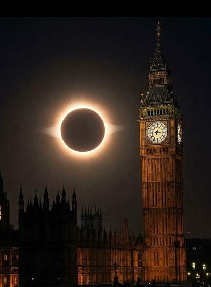 Unknown photo at night of the solar eclipse.  Big Bend to the right.-shadowed spires of ? To the left and in the background. The eclipse is next to the clock face of Big Bend. Not sure this is entirely real.