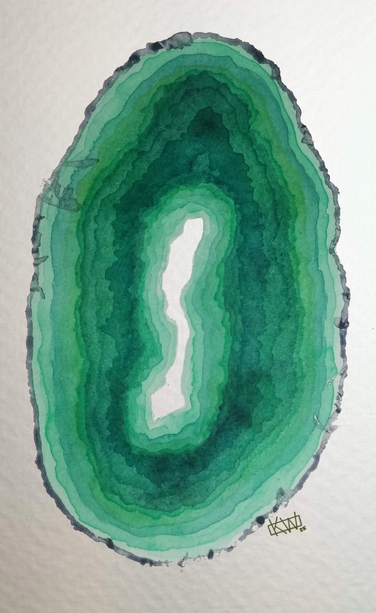 Watercolor slice of agate geode, layers and layer of lovely green with a hole in the middle and a craggy grey crust of rock on the outside edge.