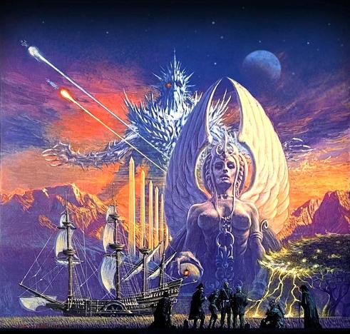 This cover art for Hyperion by Dan Simmons is an evocative and surreal blend of science fiction and mythology.

At the forefront, a colossal winged statue dominates the scene. Its wings spread wide, majestic yet foreboding.

In the background, a massive crystalline entity looms, its jagged body glistening like ice or glass blades. It has an almost celestial form, outstretched arms of sharp spikes reaching toward the sky, while fiery streaks—possibly missiles or energy blasts—cut through the heavens. This represents the Shrike, the enigmatic, terrifying being central to Hyperion, a creature of both divine mystery and relentless horror.

Below, a tall-masted ship rests on grassland, its sails unfurled yet seemingly caught in a moment of stillness. It juxtaposes futuristic and ancient imagery, emphasizing the novel’s blend of technology and classical themes. Nearby, a group of shadowy travelers stands silhouetted, seemingly gazing at the vast, surreal landscape before them—a metaphor for the pilgrimage that lies at the heart of the story.

Mountains rise in the background beneath a twilight sky, while a gnarled tree crackles with lightning, further enhancing the sense of wonder and danger. This cover masterfully embodies Hyperion’s epic scope—a tale of myths reborn, worlds colliding, and destiny unfolding.