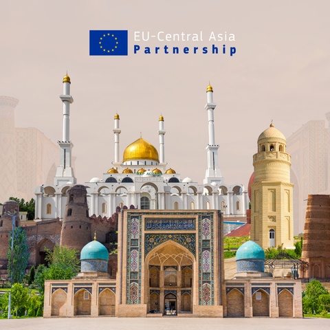 Architectural icons from the five Central Asian countries with the EU flag on top and text 'EU-Central Asia Partnership'