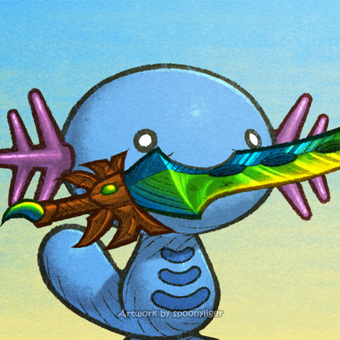 Digitally-handmade fanart portrait of a male Wooper Pokémon facing forward towards the right side of the image at a 3/4 angle on a blue-to-yellow gradient background, holding onto an emerald-colored sword with oval holes along its blade, with a wooden, ornamented hilt.