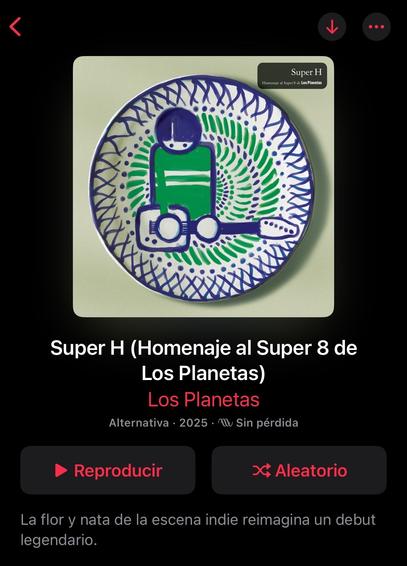 La imagen presenta una portada de álbum de "Super H" de Los Planetas, que representa un diseño de placa con una figura estilizada sosteniendo una guitarra, rodeada de patrones de remolinos en verde y azul estilo andaluz. ❤️