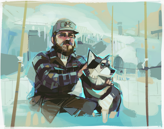 A painted study of a moment from John Carpenter’s 1982 film The Thing.  Clark, a brown bearded dog handler for an Antarctic research station, is crouching by a husky and petting it with both hands while squinting into the distance.  He wears a baseball cap and plaid shirt.