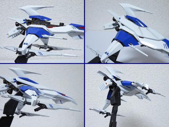 Four images.
First image shows the internal structure under the armor, and second with armor.
Third photo focuses on the wing and weapon. 
Fourth from below.