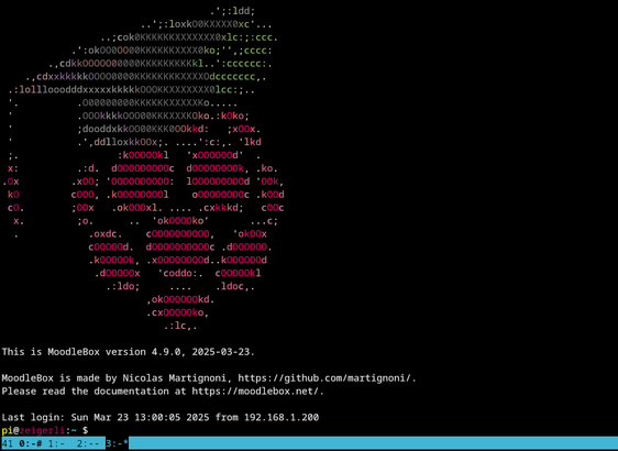 Screenshot of a Unix shell on a freshly booted instance of MoodleBox running on a RaspberryPi. You can see a nice ASCII-art of the logo.