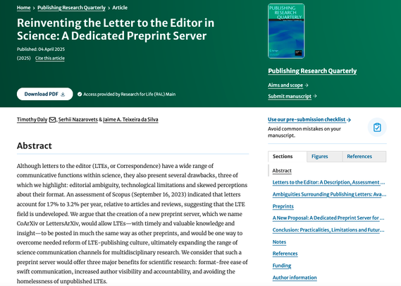 Daly, T., Nazarovets, S. & Teixeira da Silva, J.A. Reinventing the Letter to the Editor in Science: A Dedicated Preprint Server. Pub Res Q (2025). https://doi.org/10.1007/s12109-025-10022-y