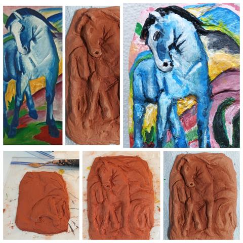 Die Fotocollage aus sechs Fotos zeigt den Fortschritt bei der Fertigung einer halbplastischen Hommage an Franz Marc für sein "blaues Pferd" aus Keramikmasse und deren abschließende Bemalung. Zum Vergleich wird oben links das Original von Marc noch einmal neben meine plastische Version in deren Endfassung gestellt.