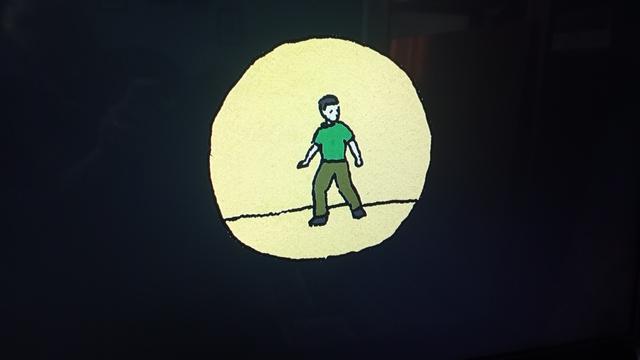 Cartoon man in green viewed through a spy hole