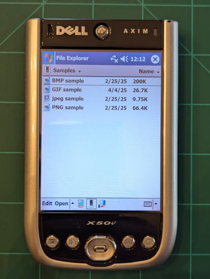 The Dell Axim X50V is running Windows Mobile 4 also known as 2003 Second Edition.

The VGA screen is beautiful but unfortunately the image icons don't really help to tell the user what the file is without having them named the way that I do.

Jpeg appears to show an Amiga boing ball and PNG, BMP and Gif are all represented by the same icon of colored shapes.