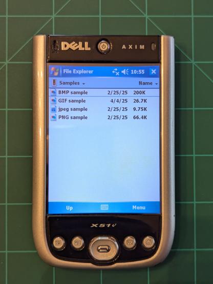The Dell Axim X51V is running Windows Mobile 5. A big OS upgrade over WM 4.0.

The VGA screen is once again beautiful but unfortunately not much has changed.

It appears the Amiga boing ball has been replaced with someone surfing or perhaps a sail boat but for images other than jpeg, they are all represented by the same icon of shapes.