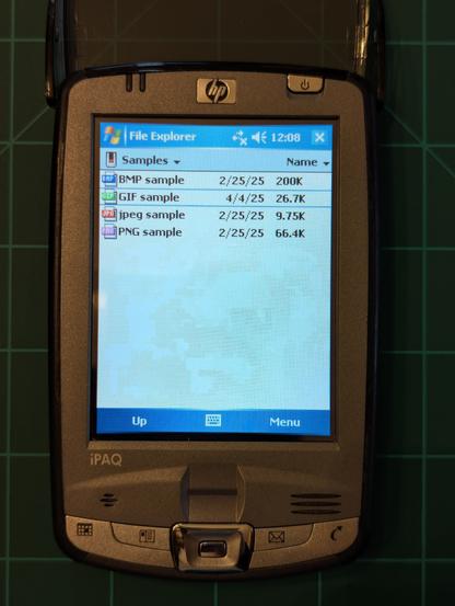 The iPaq HX2795b is similar to the Axim X51V in that they both run Windows Mobile 5.0. The iPaq does not have a VGA screen however.

Looking at the image icons we can see a huge improvement over the Dell Axim.

Every image type is represented by a uniquely descriptive icon. BMP = Blue, GIF = Green, PNG = Purple and JPEG = Red.

I wish the Axim had these icons...